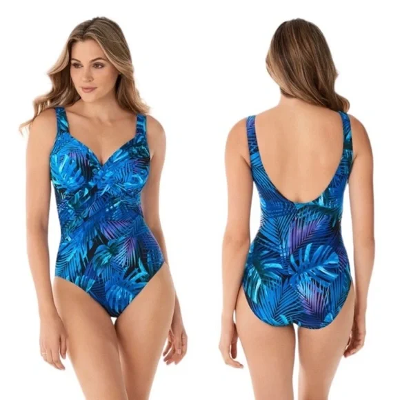 Miraclesuit Royal Palms Revele One Piece Swimsuit Blue Size 14 Slimming Tummy - Picture 1 of 12